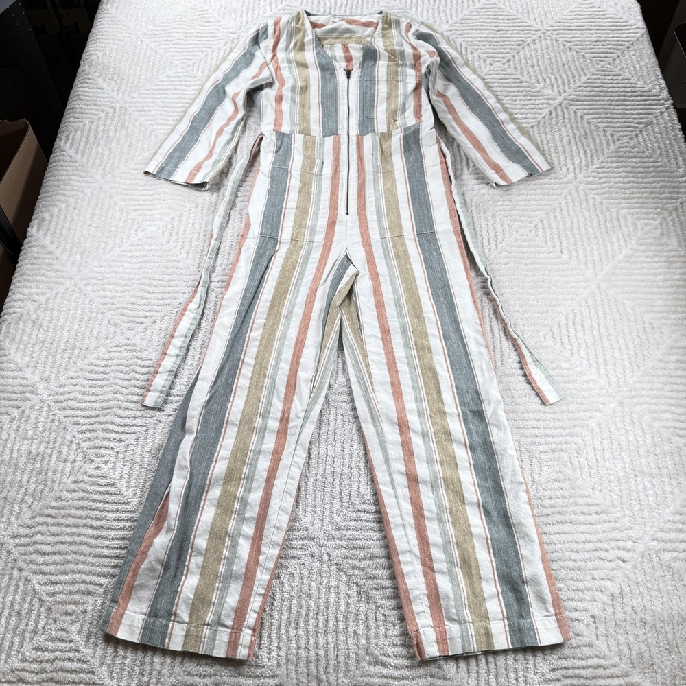 Madewell Jumpsuit Womens 00 Striped 3/4 Sleeve Zip Front Wide Leg Boho Casual